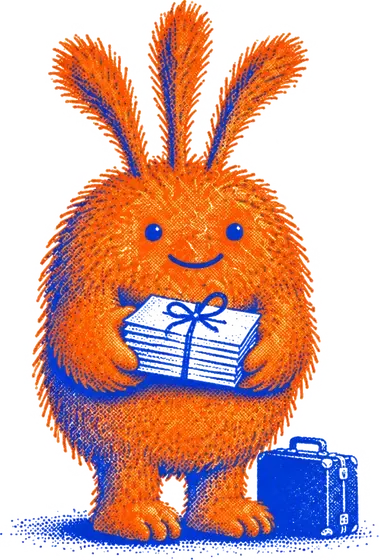Nuffo holding out a tied bundle of lists, with a small suitcase at its feet