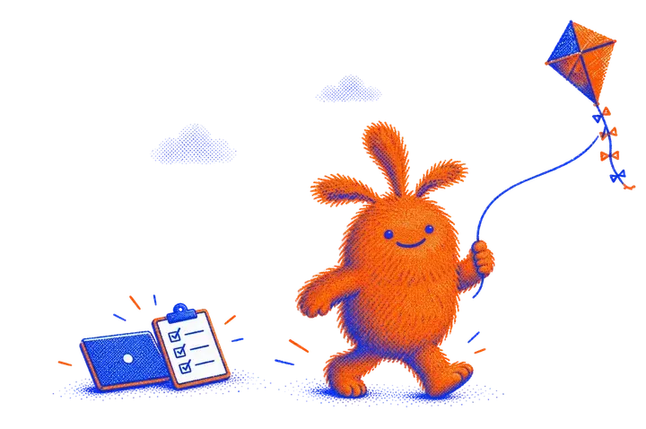Nuffo walking away from a closed laptop and a ticked clipboard, flying a kite