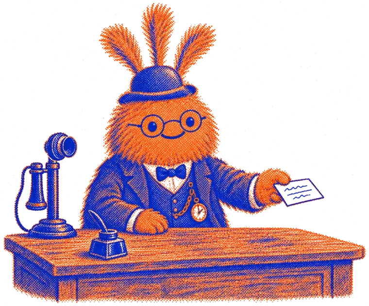 Nuffo dressed as a 1918 efficiency consultant in a bowler hat, handing over a single index card across an old desk