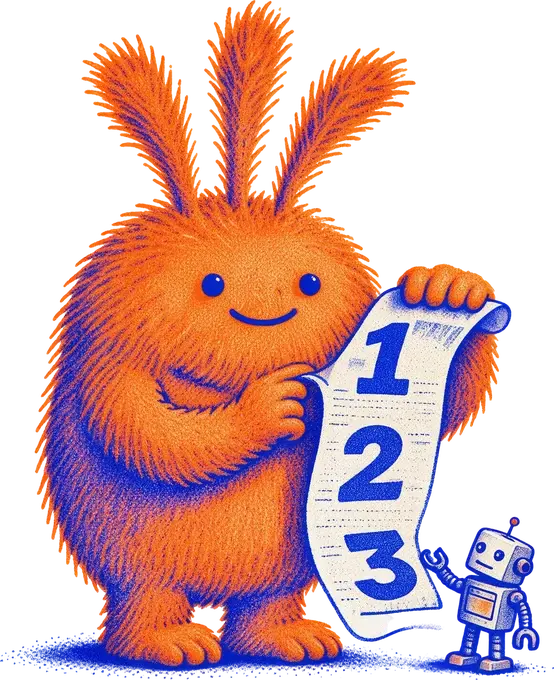 Nuffo holding up a long scroll with 1, 2, 3 on it while a small robot looks up and nods