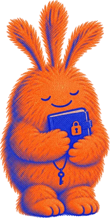 Nuffo hugging a locked notebook, a little key hanging from its string