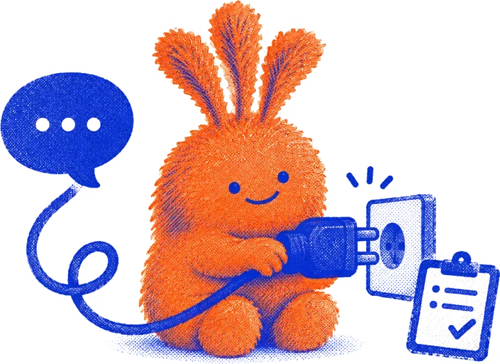 Nuffo plugging a chat bubble into a socket, next to a clipboard with three lines
