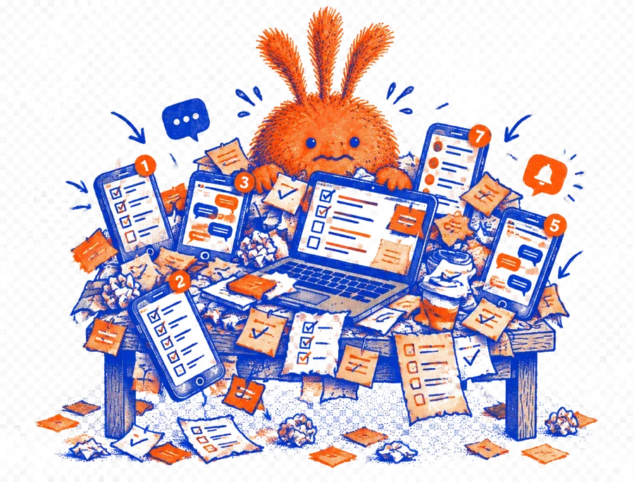 Nuffo peeking out of a pile of phones, sticky notes, chat bubbles and half-ticked lists