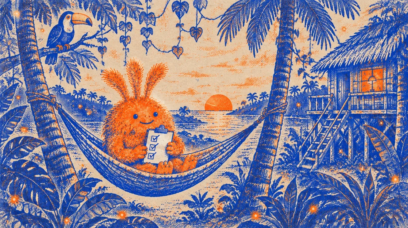 A riso jungle at dusk: a wooden house on stilts, a hammock, a toucan, and Nuffo reading a list of three