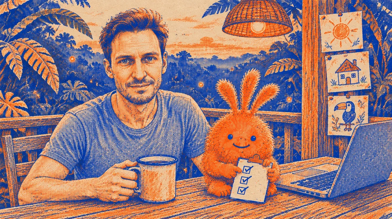 Thomas with a coffee on a jungle terrace in the evening, his kids' drawings pinned to a post, Nuffo holding a list of three ticks