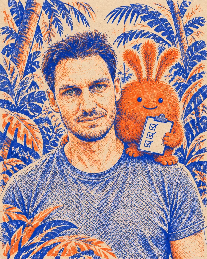 A riso portrait of Thomas in the jungle, with Nuffo sitting on his shoulder holding a clipboard with three ticks