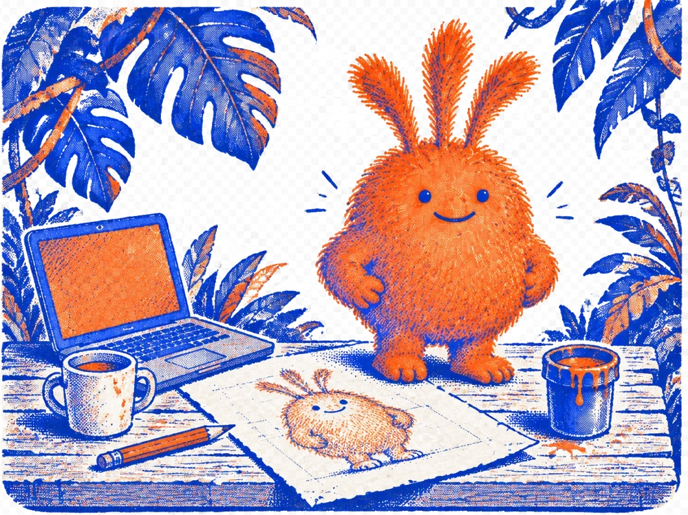 Nuffo stepping out of its own pencil sketch on a jungle workbench, next to a laptop and a paint pot