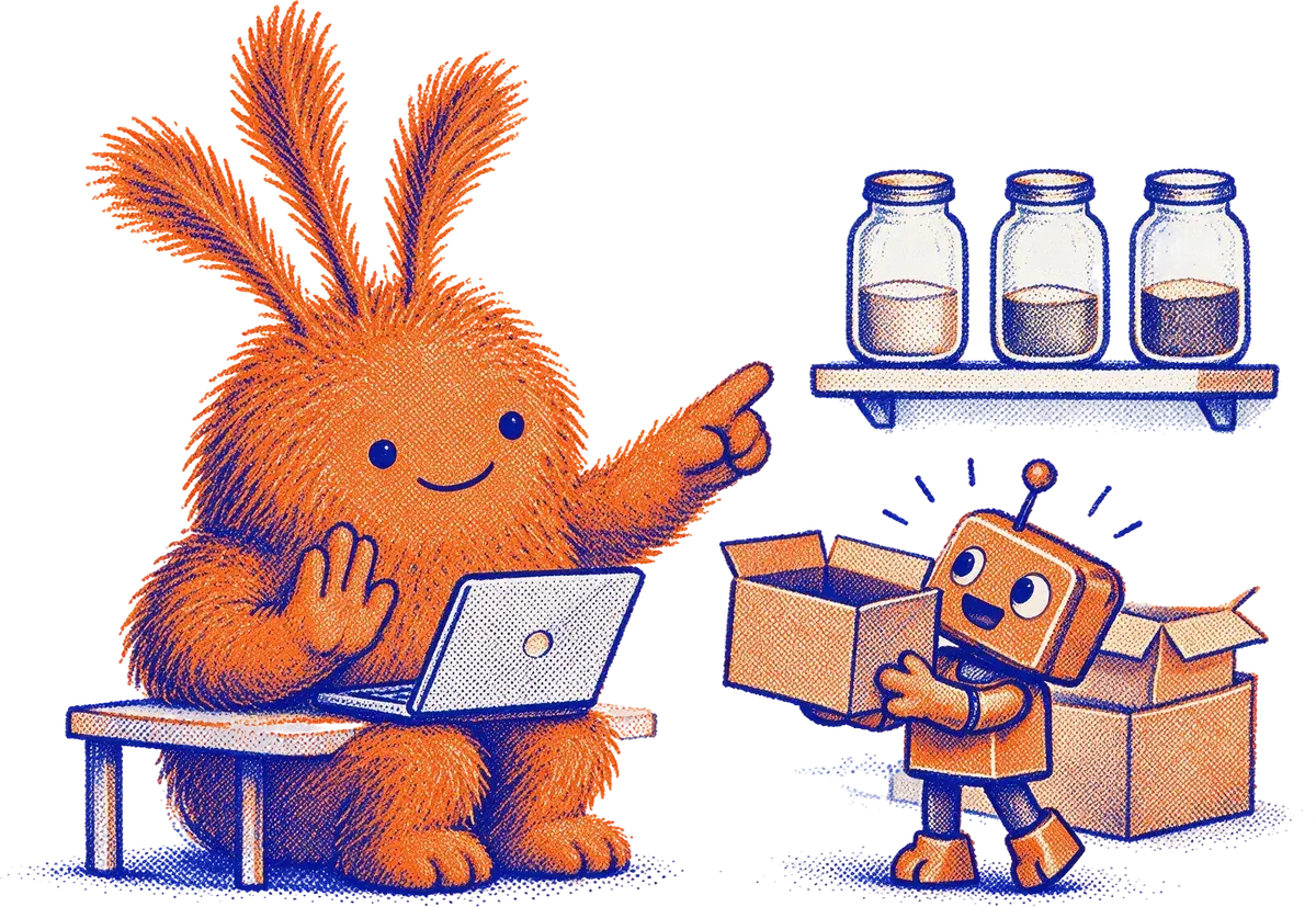 Nuffo at his laptop, pointing an eager robot with a brand-new empty box back to his three jars