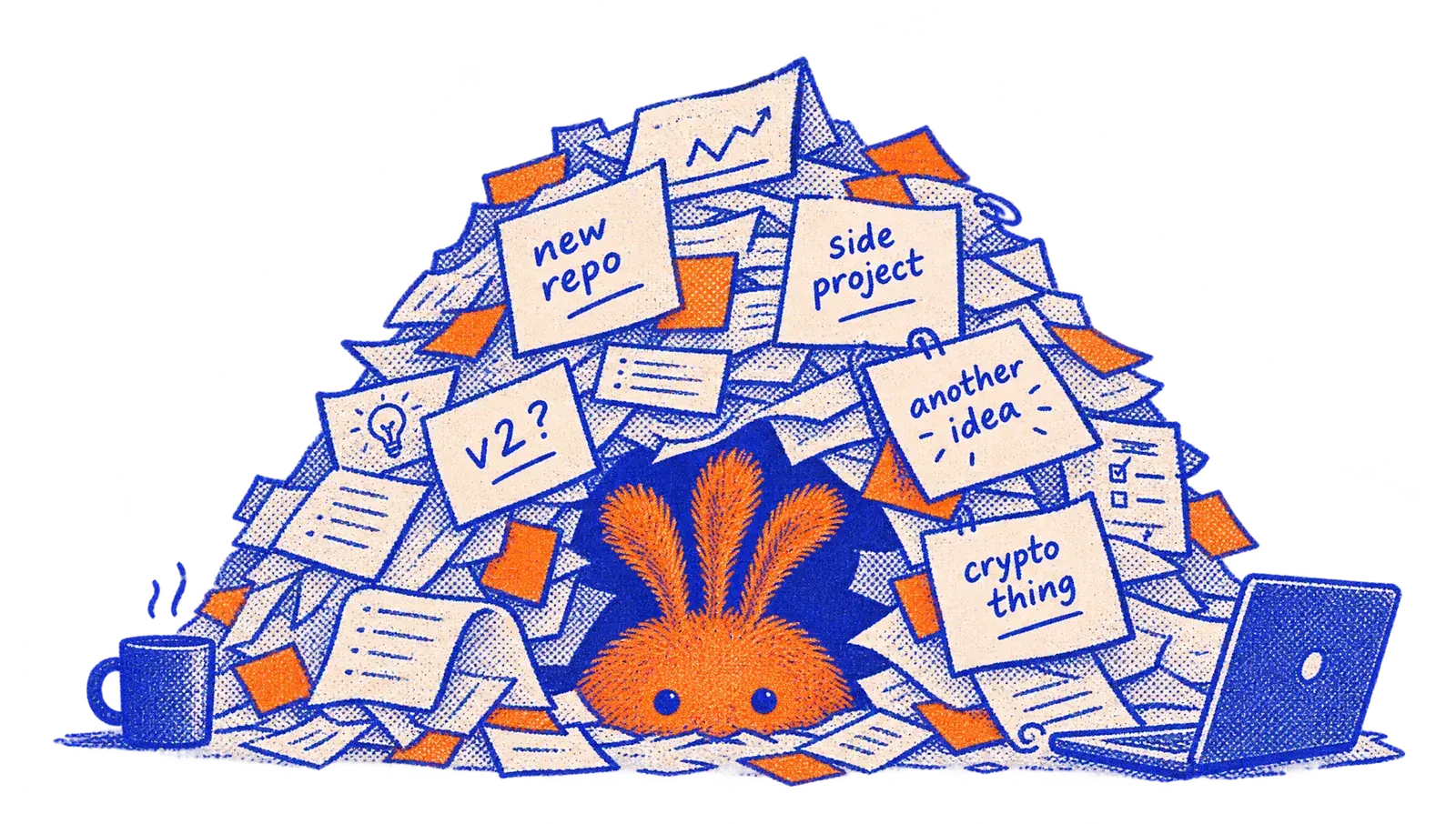 Nuffo peeking out from under a mountain of notes: new repo, side project, v2?, another idea, crypto thing
