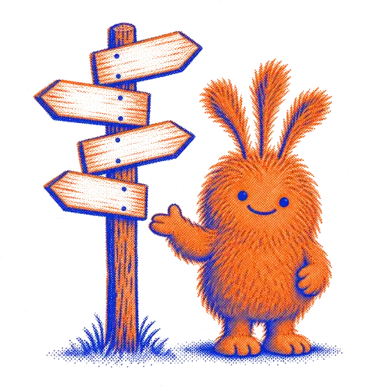 Nuffo next to a signpost, gesturing: pick your road