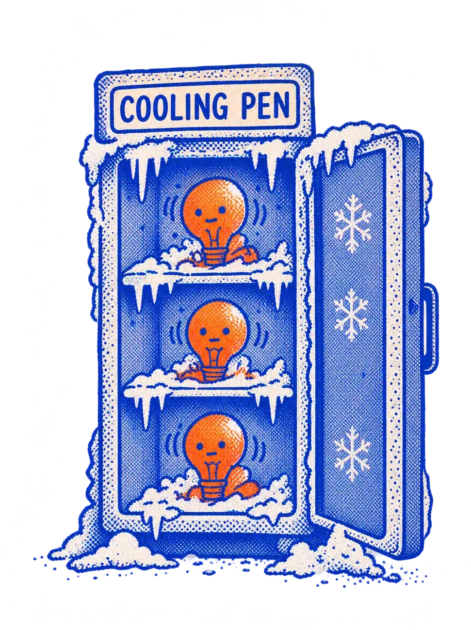 The Cooling Pen: a frosty blue fridge with three shivering lightbulb ideas inside