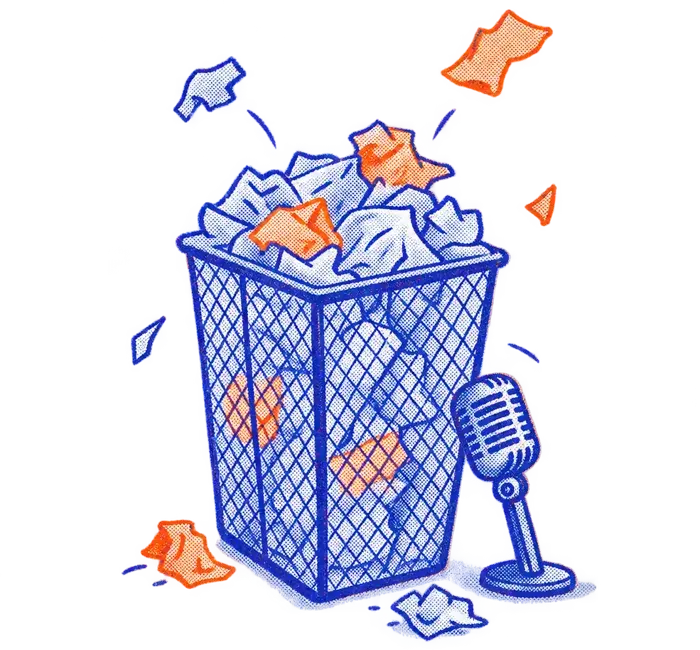 A wire bin overflowing with paper notes, a microphone leaning on it