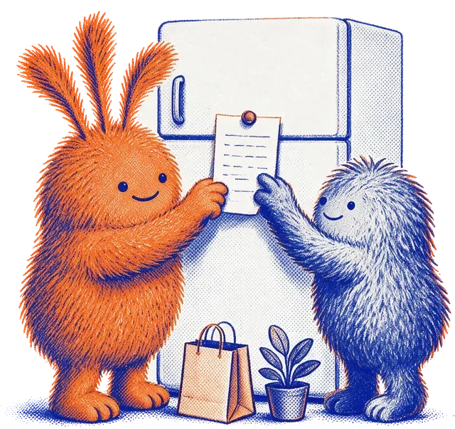 Nuffo and a friend pinning a note to the fridge