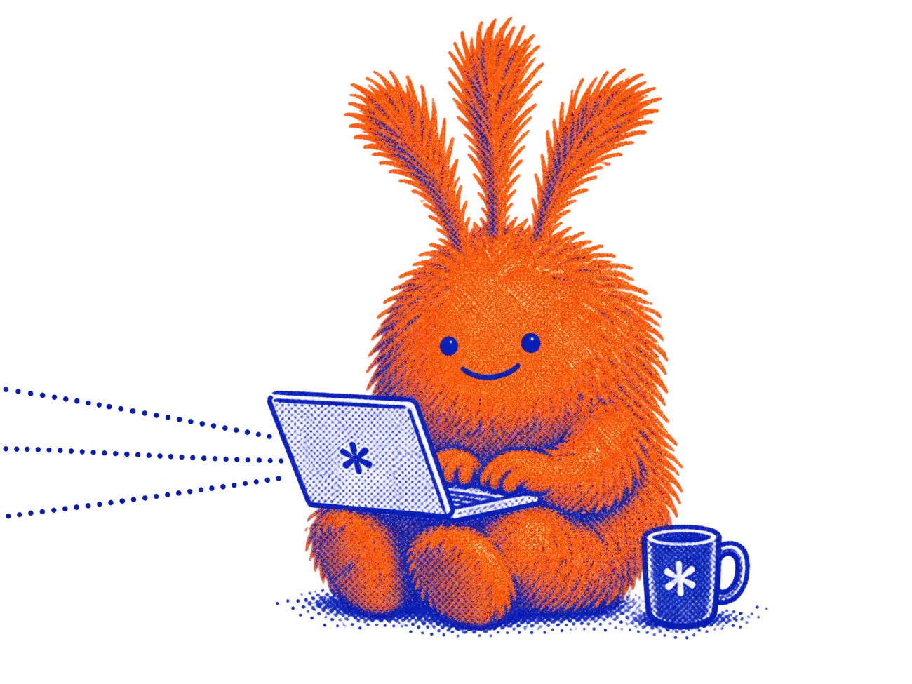 Nuffo typing on a laptop with a mug beside it