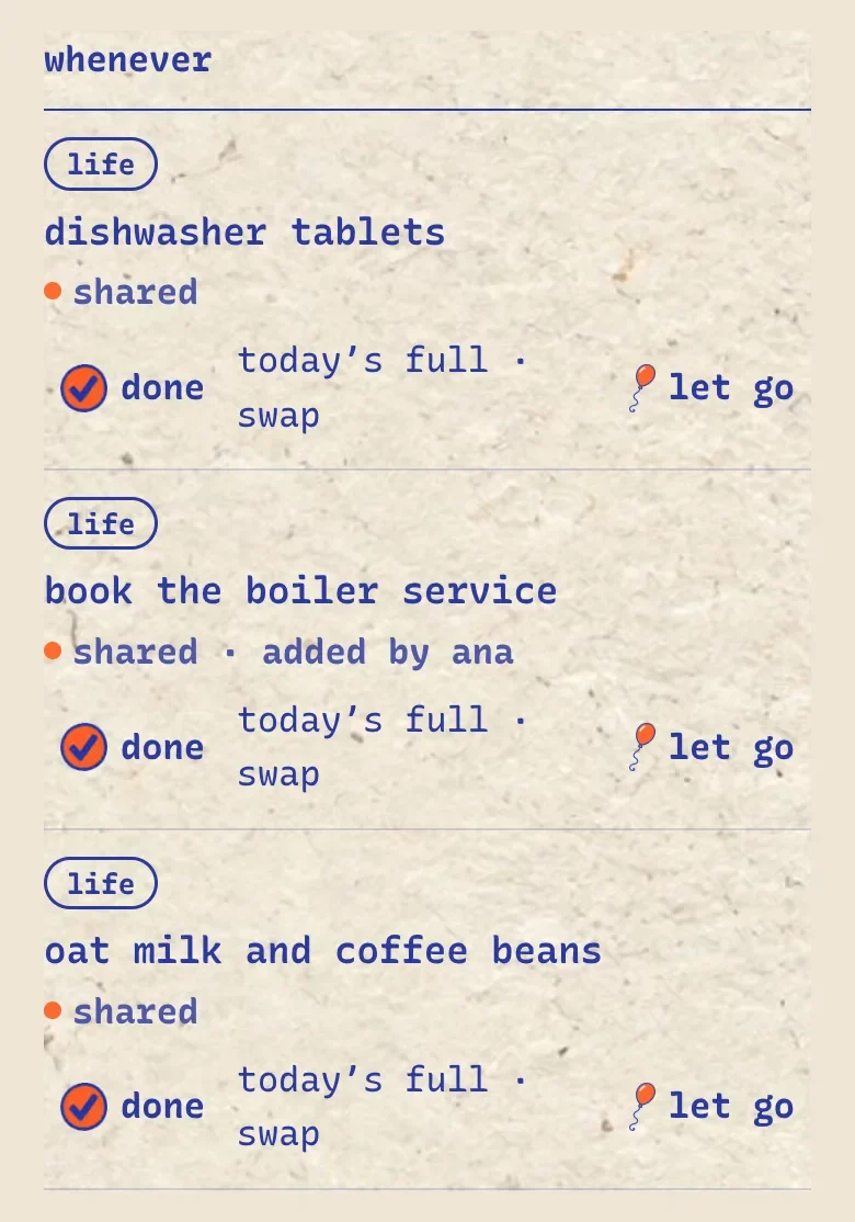 Nuffo's later list with shared things: dishwasher tablets, the boiler service added by Ana, oat milk