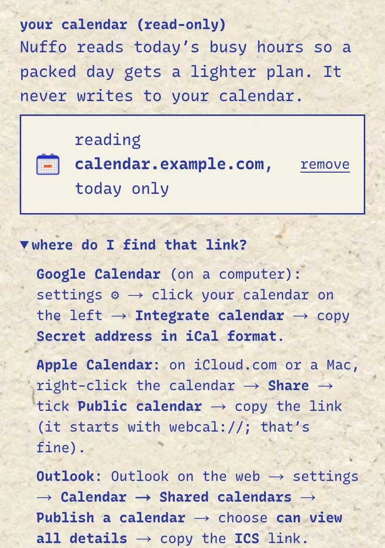 Nuffo's calendar setting: reading one calendar, with steps for Google, Apple and Outlook