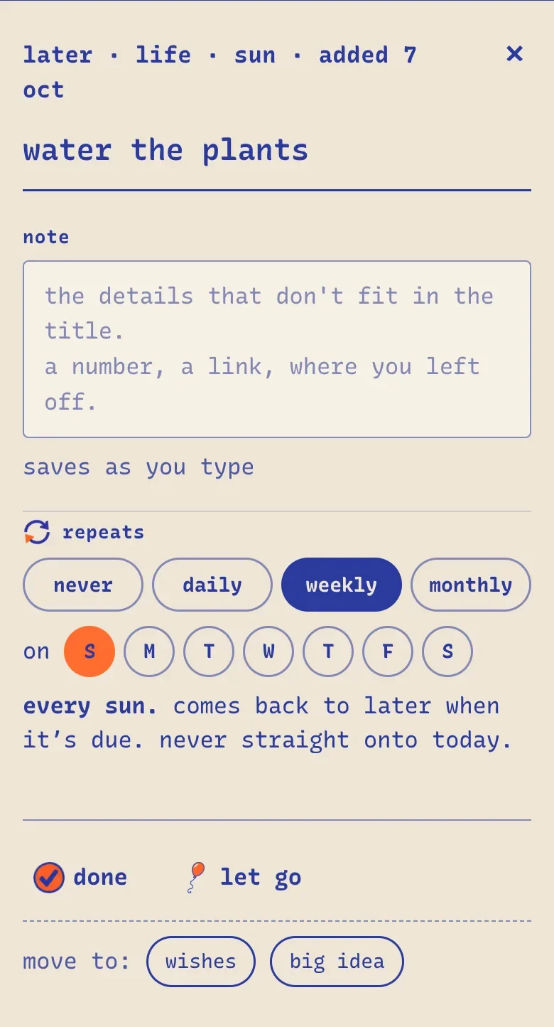 A task's details in Nuffo: repeats set to weekly, on Sunday