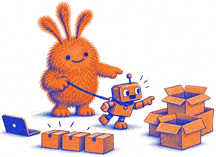 Nuffo gently holding back an eager little robot on a leash that is reaching for a pile of new empty boxes