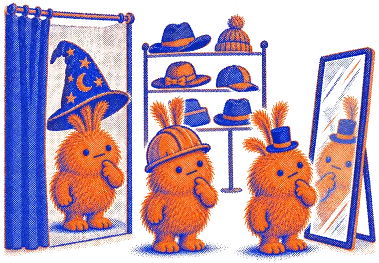 Three Nuffos in a fitting room trying on different hats in front of a mirror