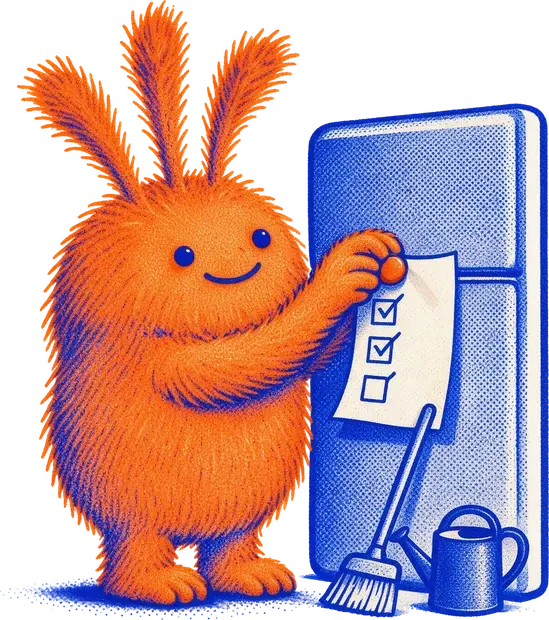 Nuffo pinning a sheet with three ticked boxes to a fridge, a broom and a watering can beside it
