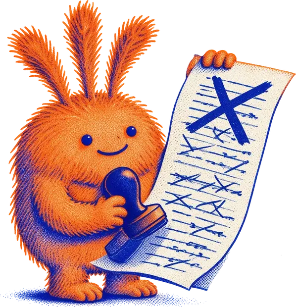 Nuffo happily stamping a big X over a long paper list