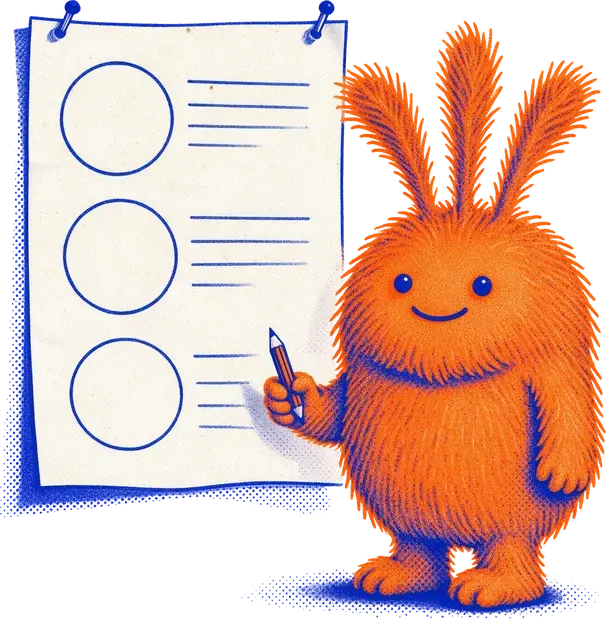 Nuffo with a pencil next to a planner page pinned to the wall, three big empty circles down the side