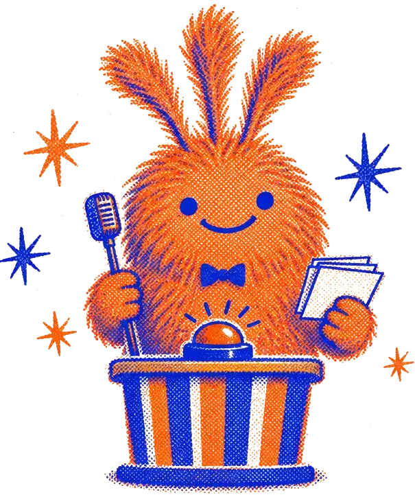 Nuffo as a retro quiz-show host with a microphone and a buzzer