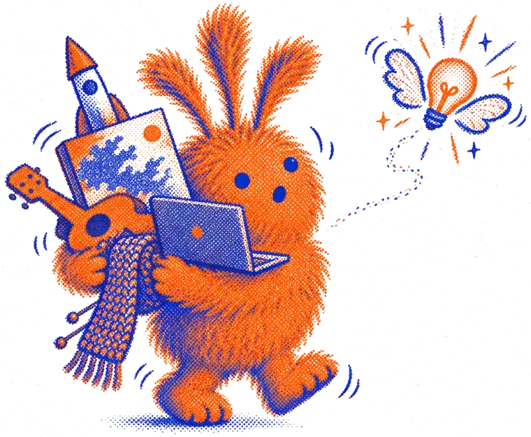 Nuffo carrying a wobbly tower of half-finished things, distracted by a sparkly lightbulb flying past