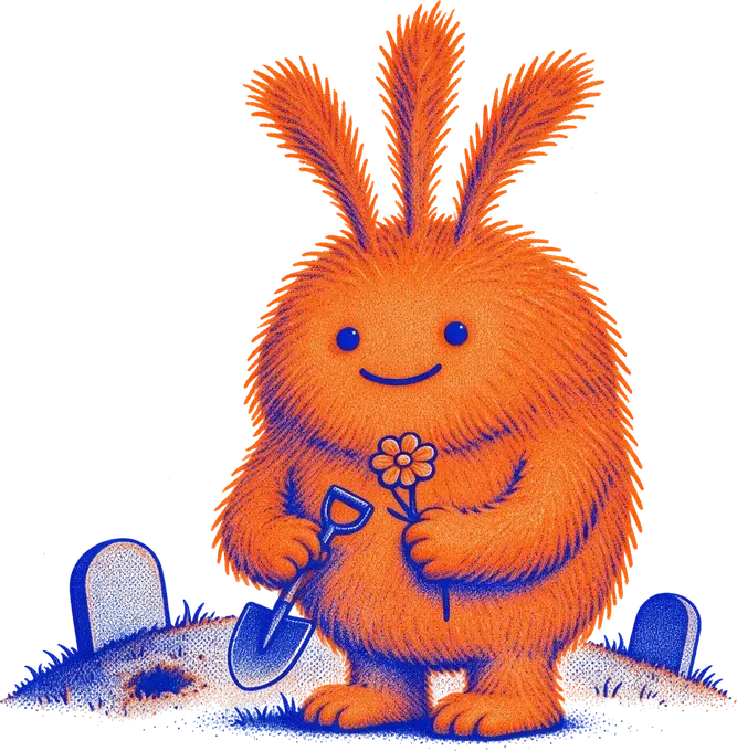 Nuffo holding a tiny shovel and a flower, two small tombstones behind it