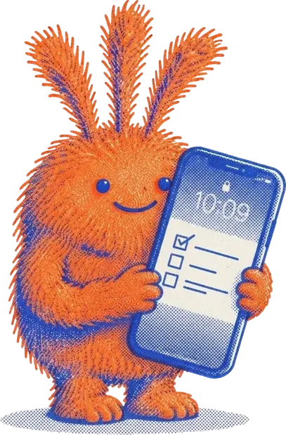 Nuffo holding up a big phone whose lock screen shows three checkboxes